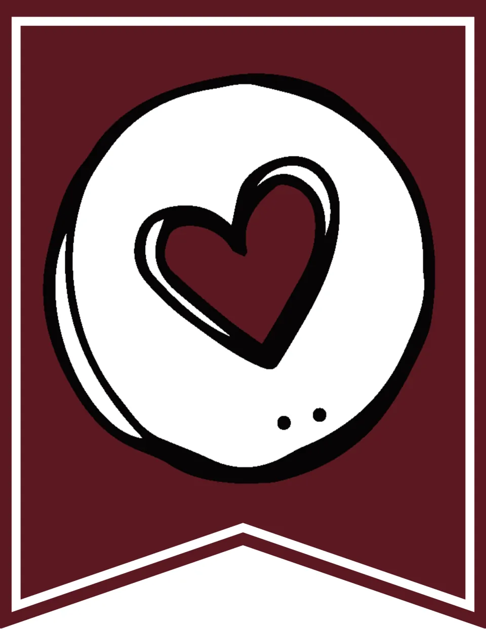 Maroon banner pennant with a heart-centered lowercase o, the fourth letter of Honoring, matching the gray o in a new color