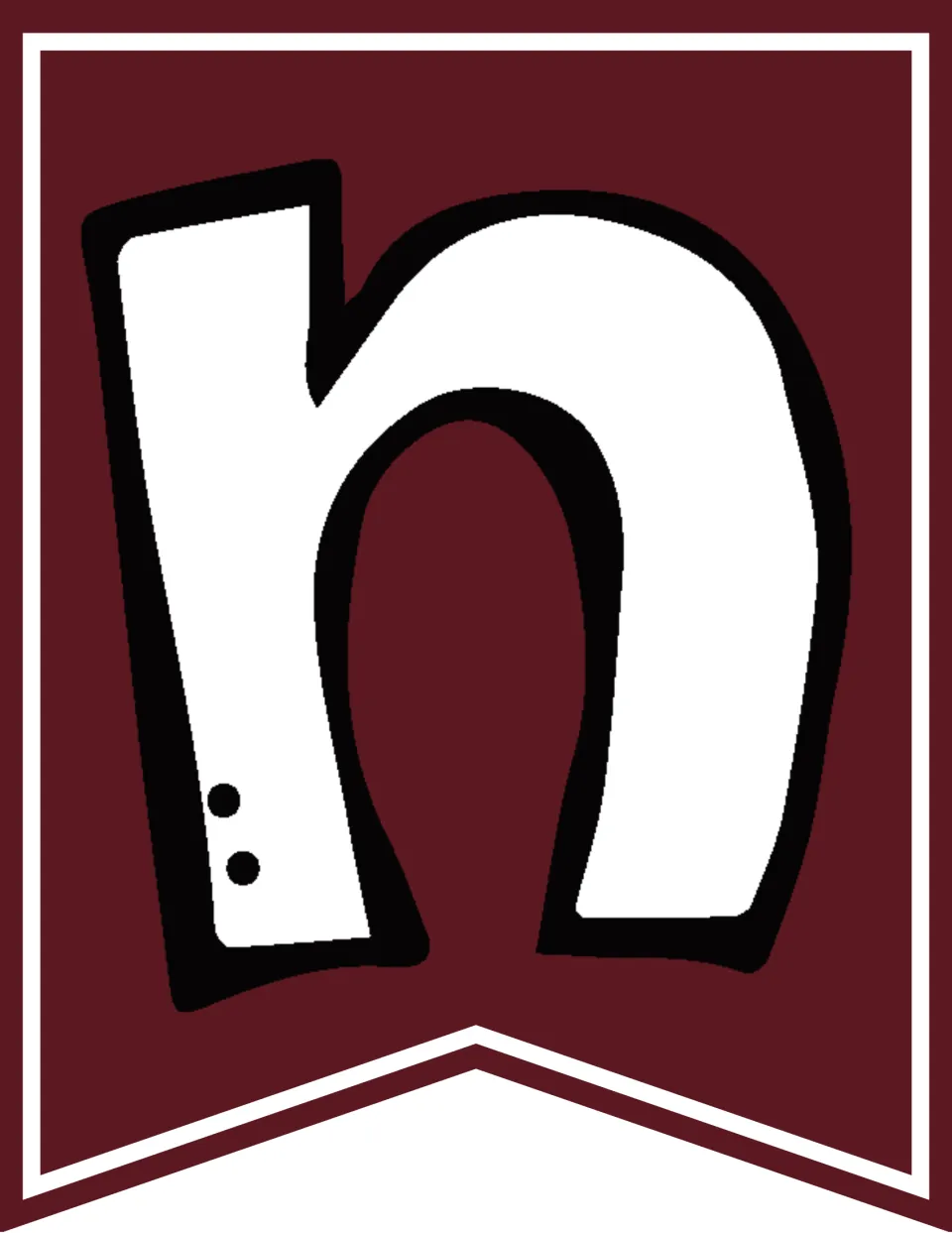 Maroon banner pennant with a second white doodle lowercase n, the seventh letter as the word Honoring continues