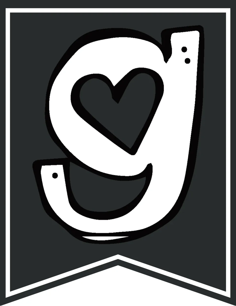 Charcoal banner pennant with a white lowercase g holding a heart in its loop, the final letter that completes Honoring