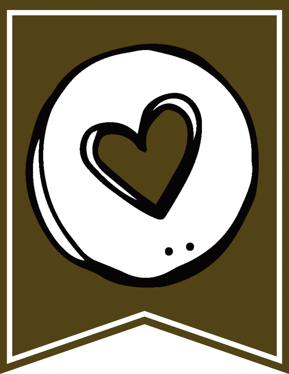 Olive brown banner pennant with a heart-centered lowercase o that begins the next word after Honoring on the banner