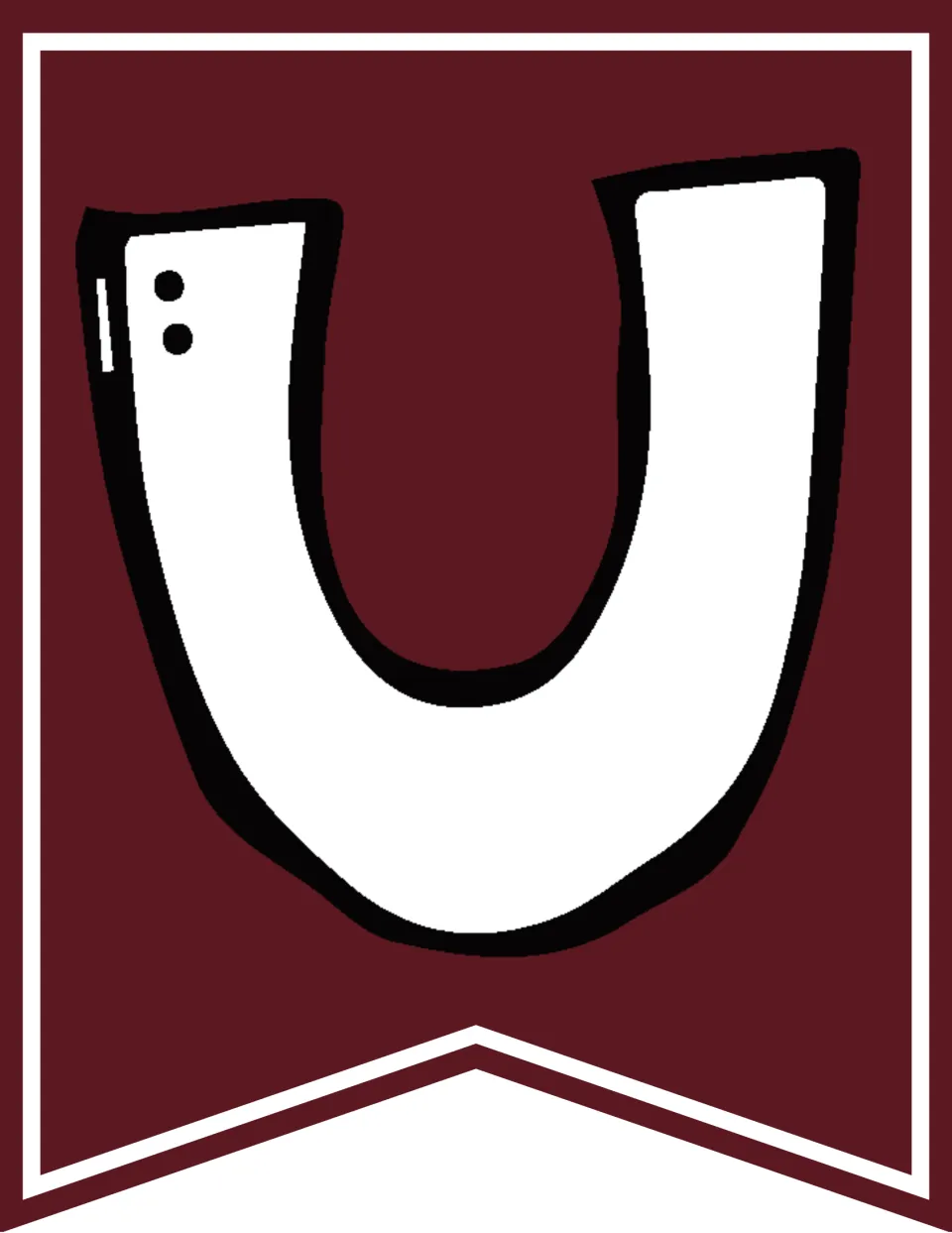 Maroon banner pennant with a white doodle lowercase u, the second letter of the word that follows Honoring