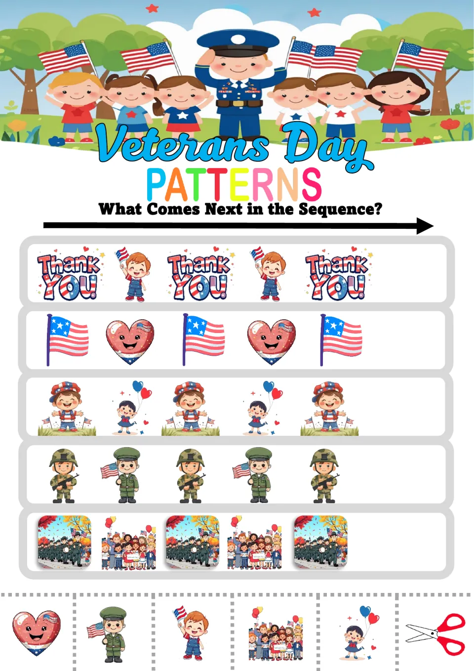Pattern activity sheet 1: five AB sequences using thank-you words, flags, hearts, children, and soldiers