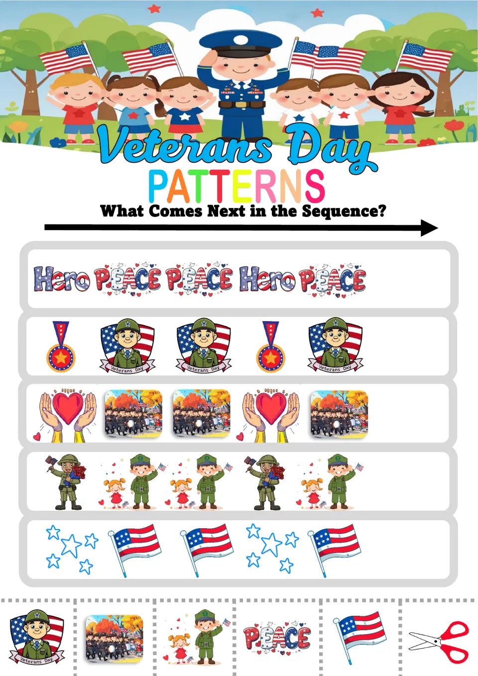 Pattern activity sheet 2: five ABB sequences using Hero and Peace words, medals, soldiers, and flags