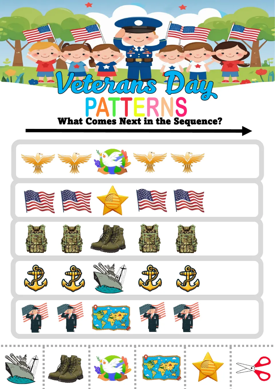 Pattern activity sheet 3: five AAB sequences using eagles, doves, flags, boots, anchors, and ships