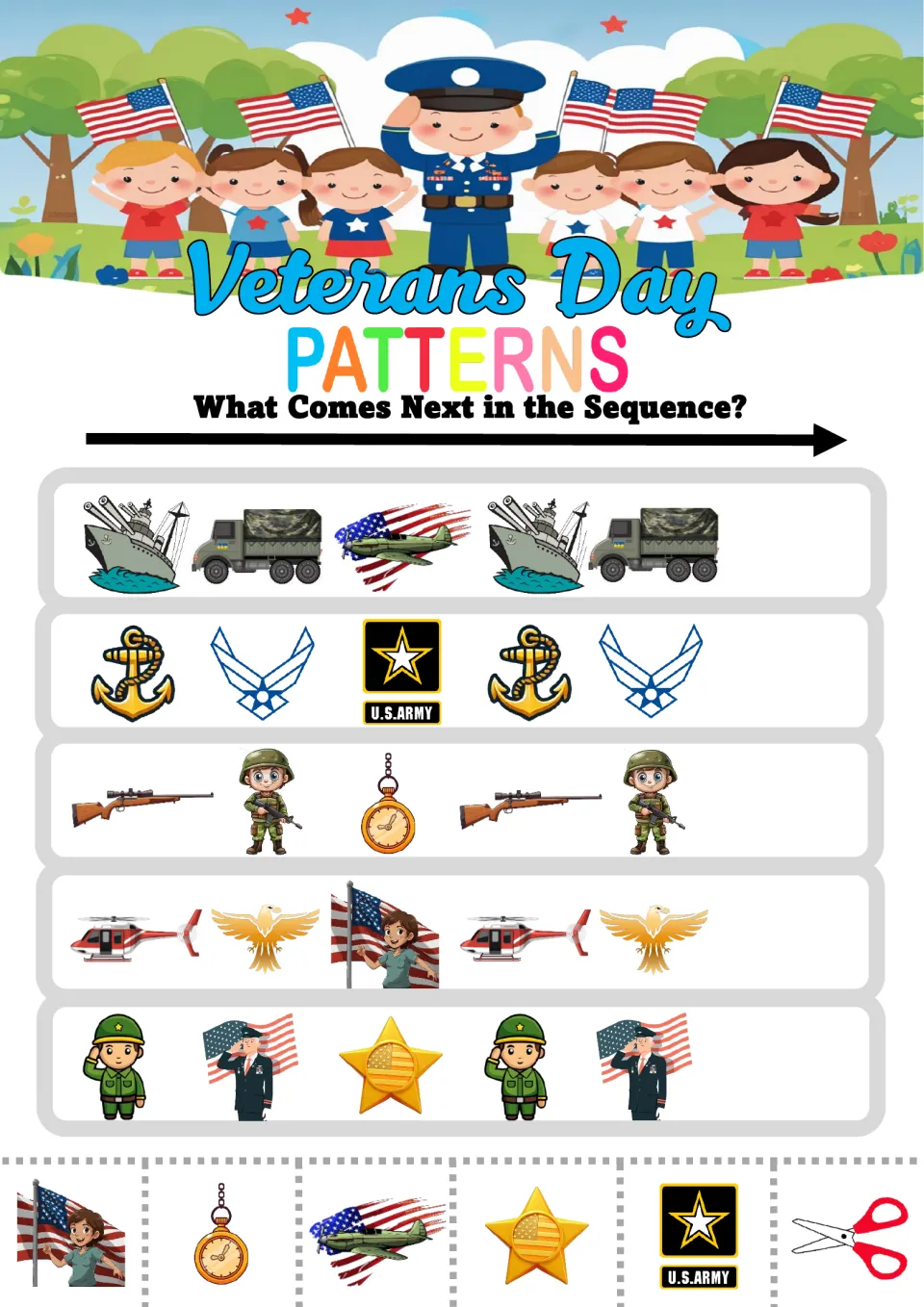 Pattern activity sheet 4: five ABC sequences using ships, trucks, planes, military symbols, and soldiers