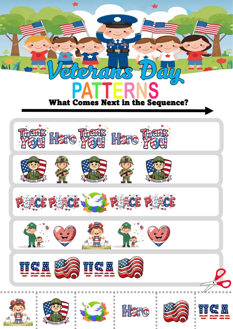 Pattern activity sheet 5: mixed sequences using Thank You, Hero, Peace, and USA words plus patriotic pictures