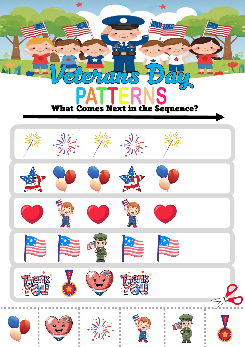 Pattern activity sheet 6: mixed sequences using sparklers, fireworks, balloons, hearts, flags, and medals