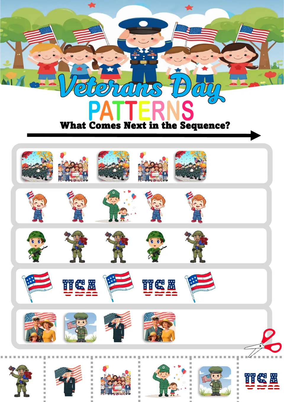 Pattern activity sheet 7: mixed sequences using parade scenes, children, soldiers, flags, and USA words