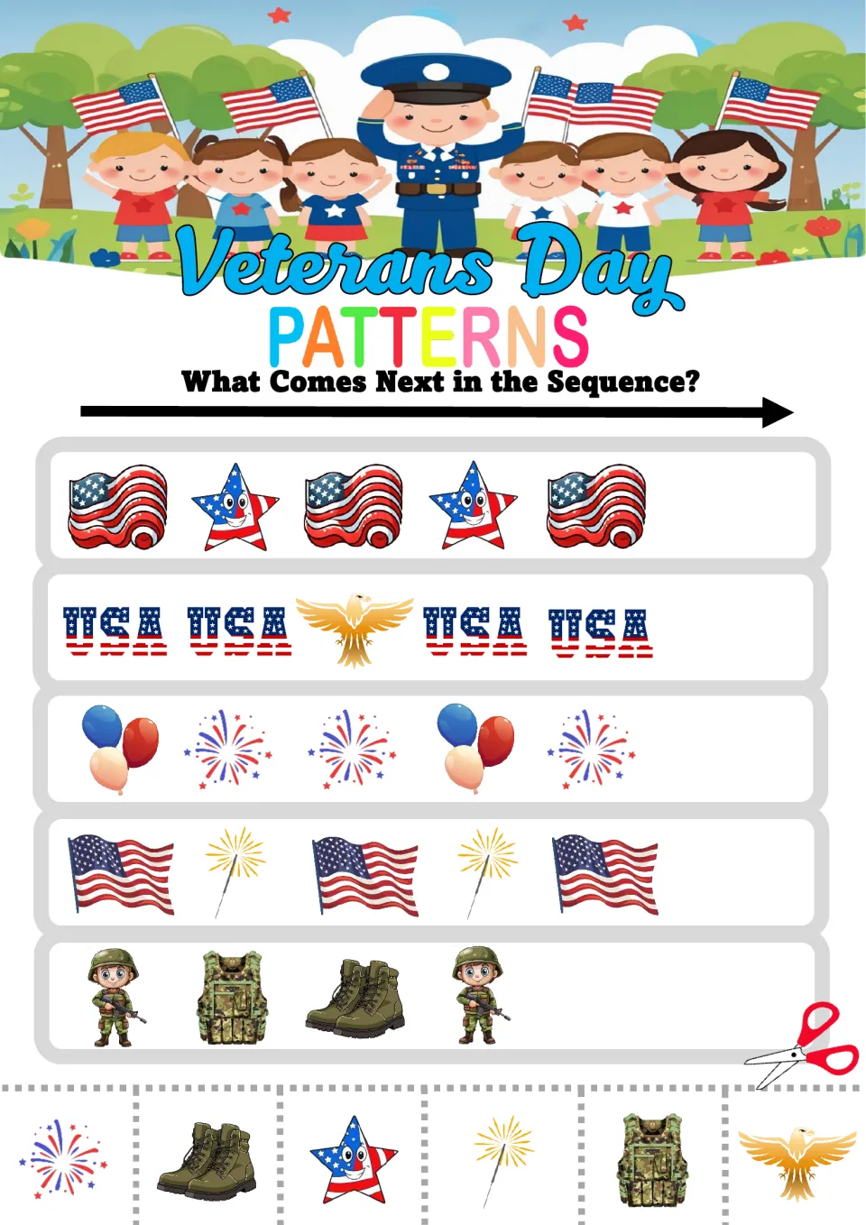 Pattern activity sheet 8: mixed sequences using flags, stars, USA words, eagles, balloons, and military gear