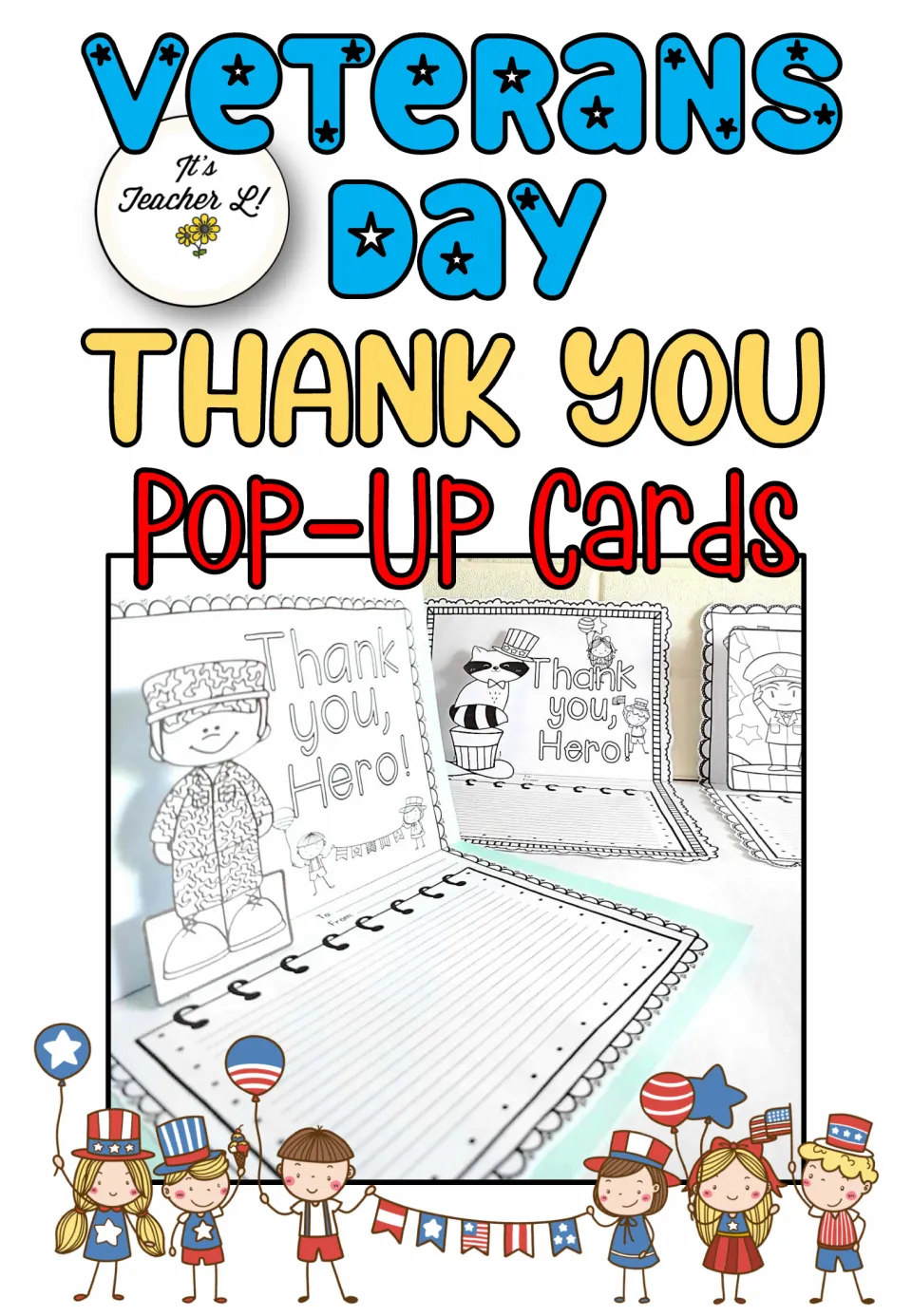 Veterans Day Thank You Pop-Up Cards cover: photo of finished cards with a soldier pop-up and a lined message page