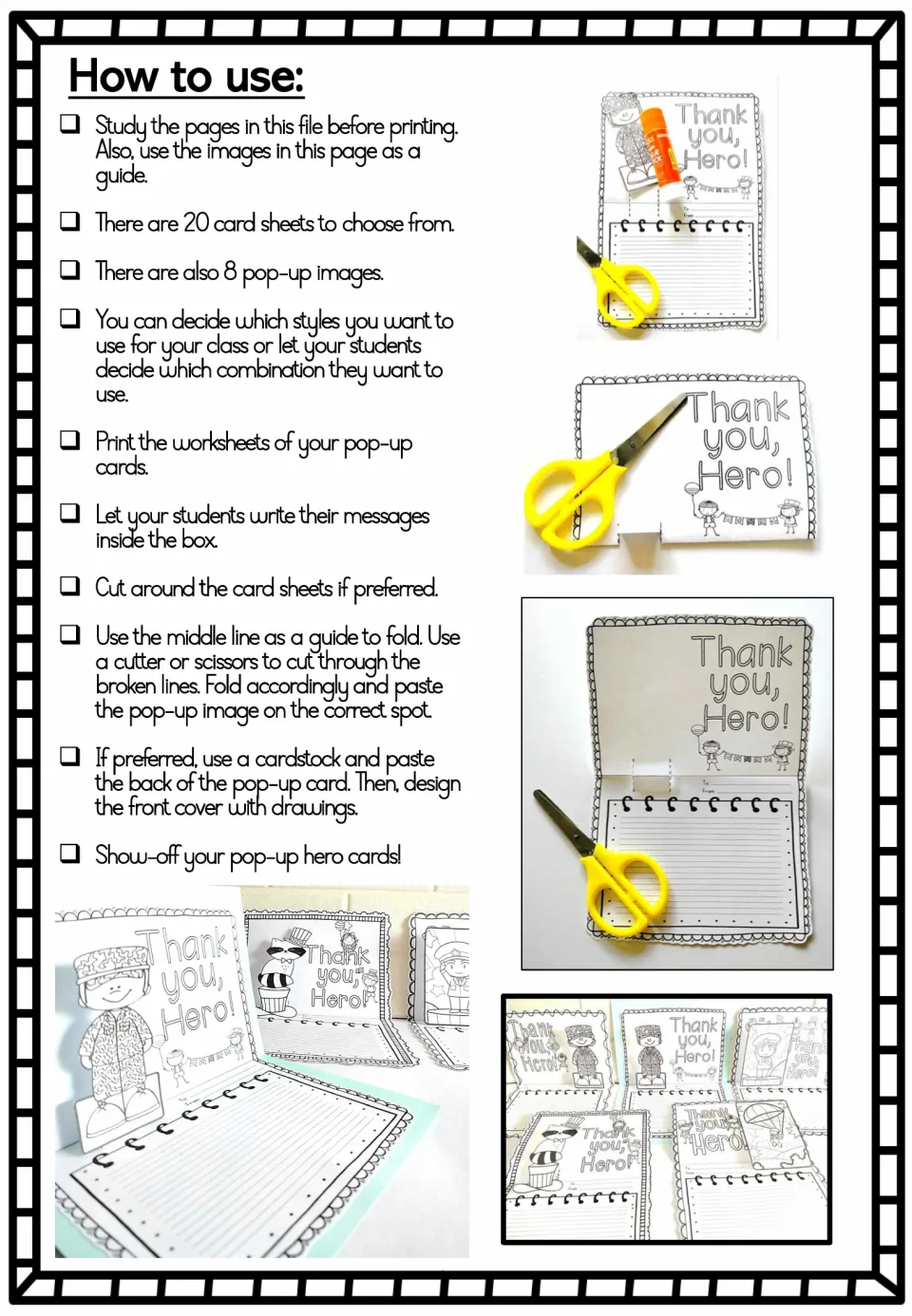 How to use: steps for printing, writing a message, folding on the middle line, cutting slits and pasting the pop-up image