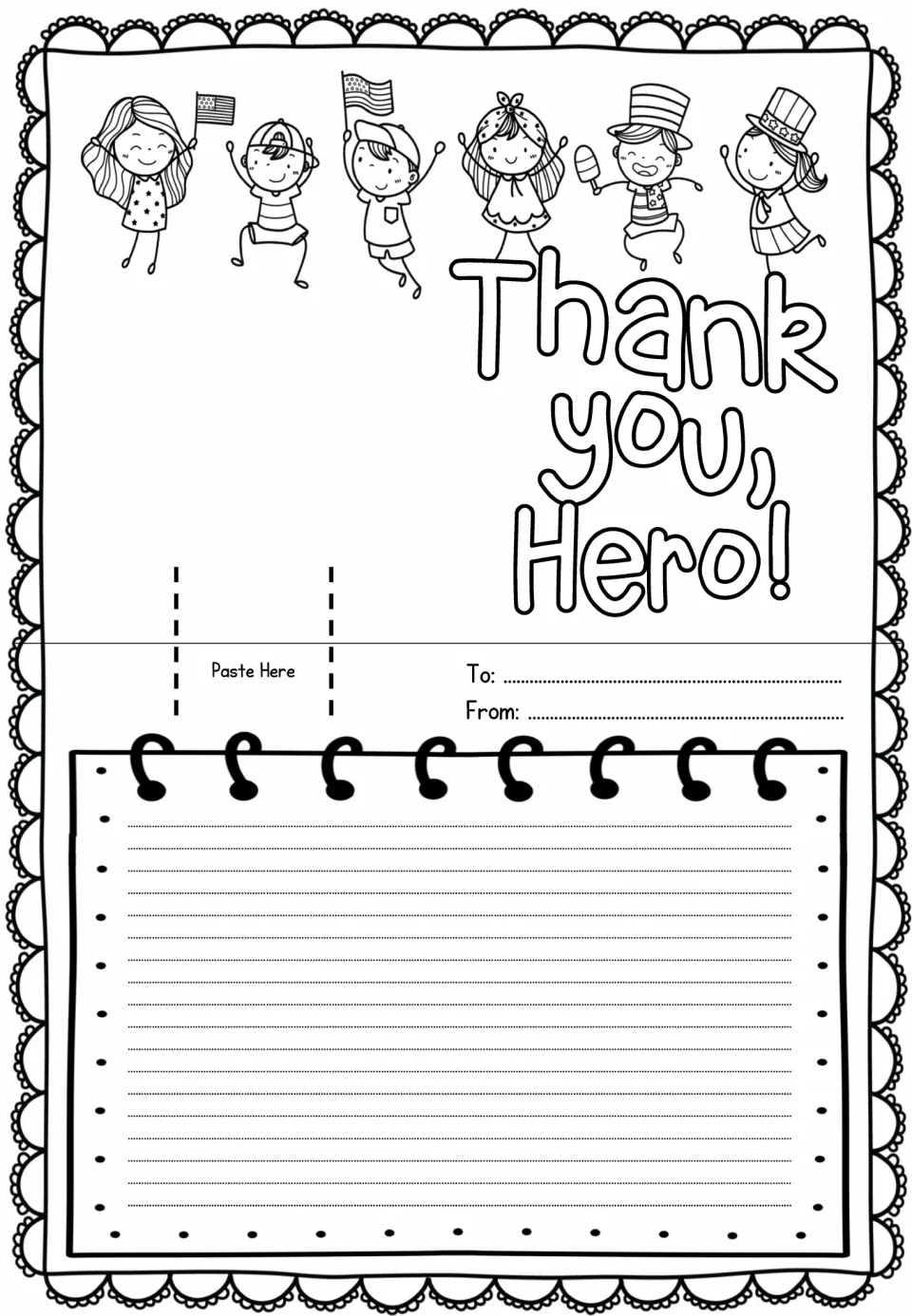 Thank You, Hero! card sheet with six cheering children waving flags; students write a message and paste a pop-up figure