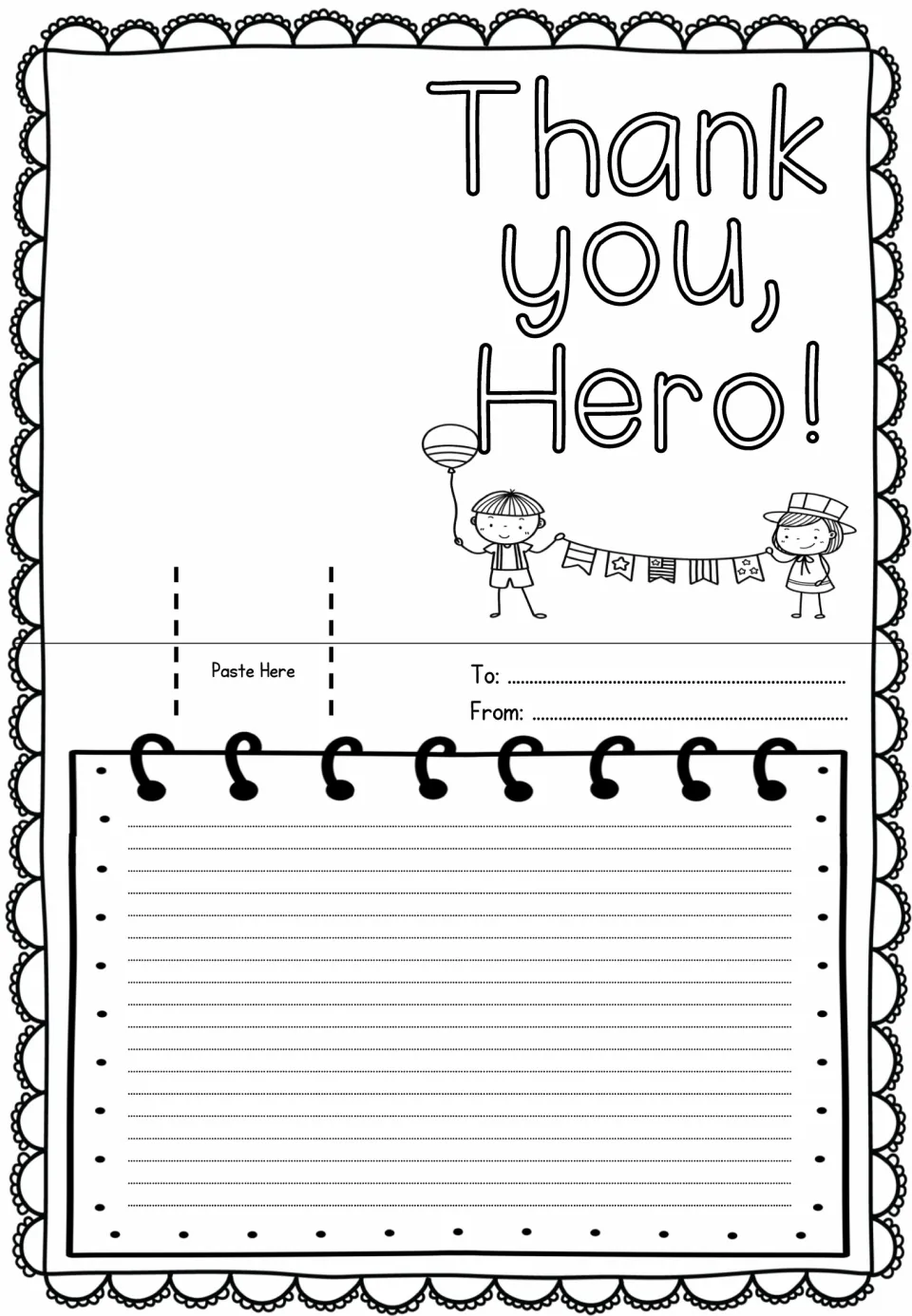 Thank You, Hero! card sheet with two children holding a star banner and balloon; students add To and From and write a note