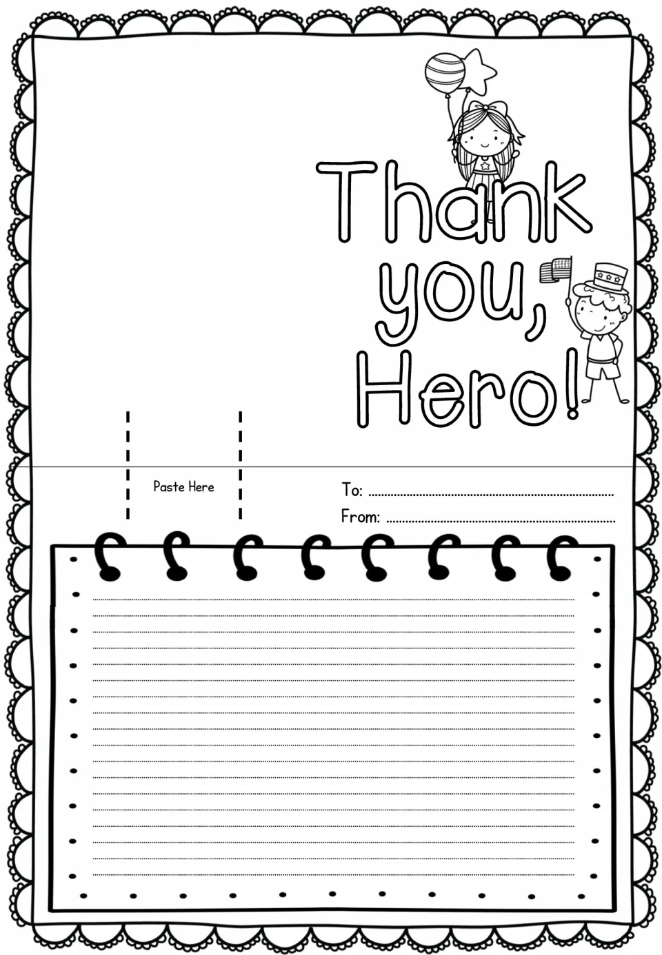 Thank You, Hero! card with a girl holding balloons and a boy with a flag; students cut the slits, paste a pop-up and write