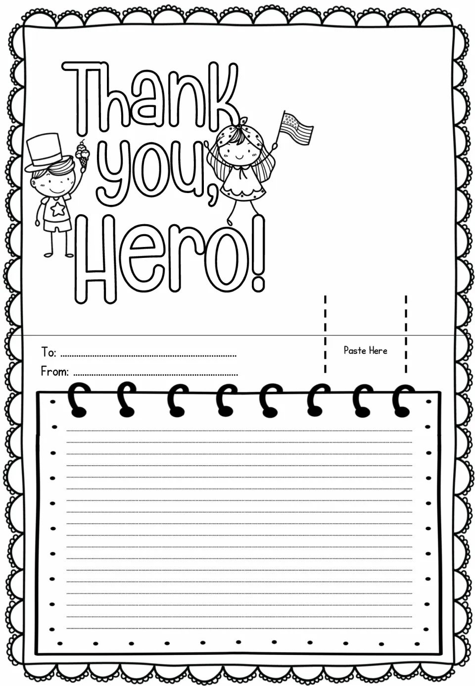Thank You, Hero! card with title on the left, a boy in a top hat and a flag-waving girl; Paste Here tab is on the right