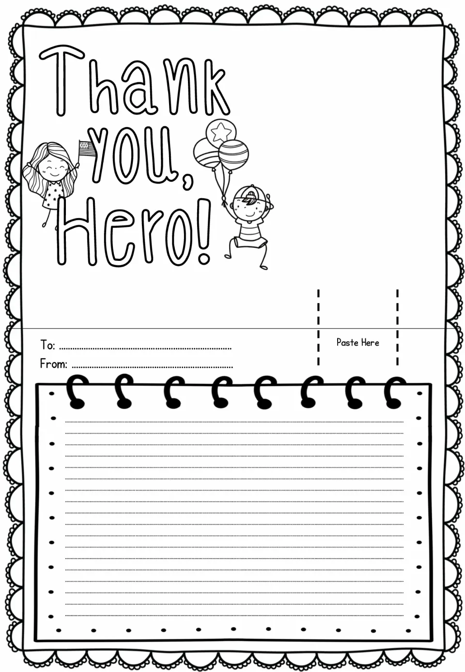 Thank You, Hero! card with a flag girl and a balloon boy beside the title; students paste the pop-up on the right-hand tab