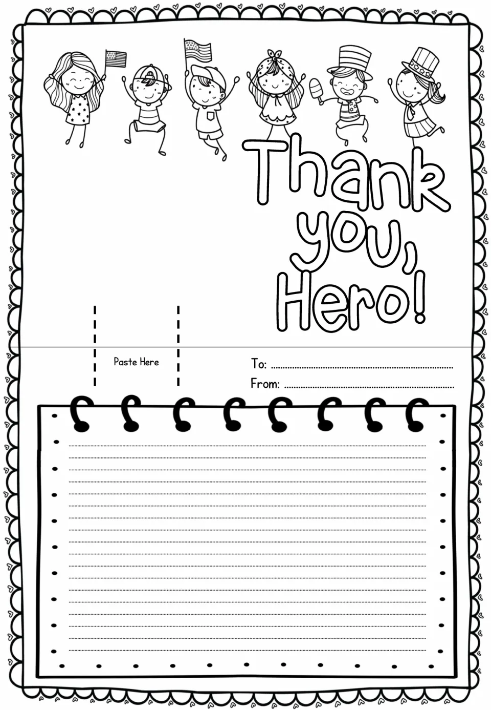 Hearts version of the six flag-waving children card; students write a thank-you letter to a veteran under To and From