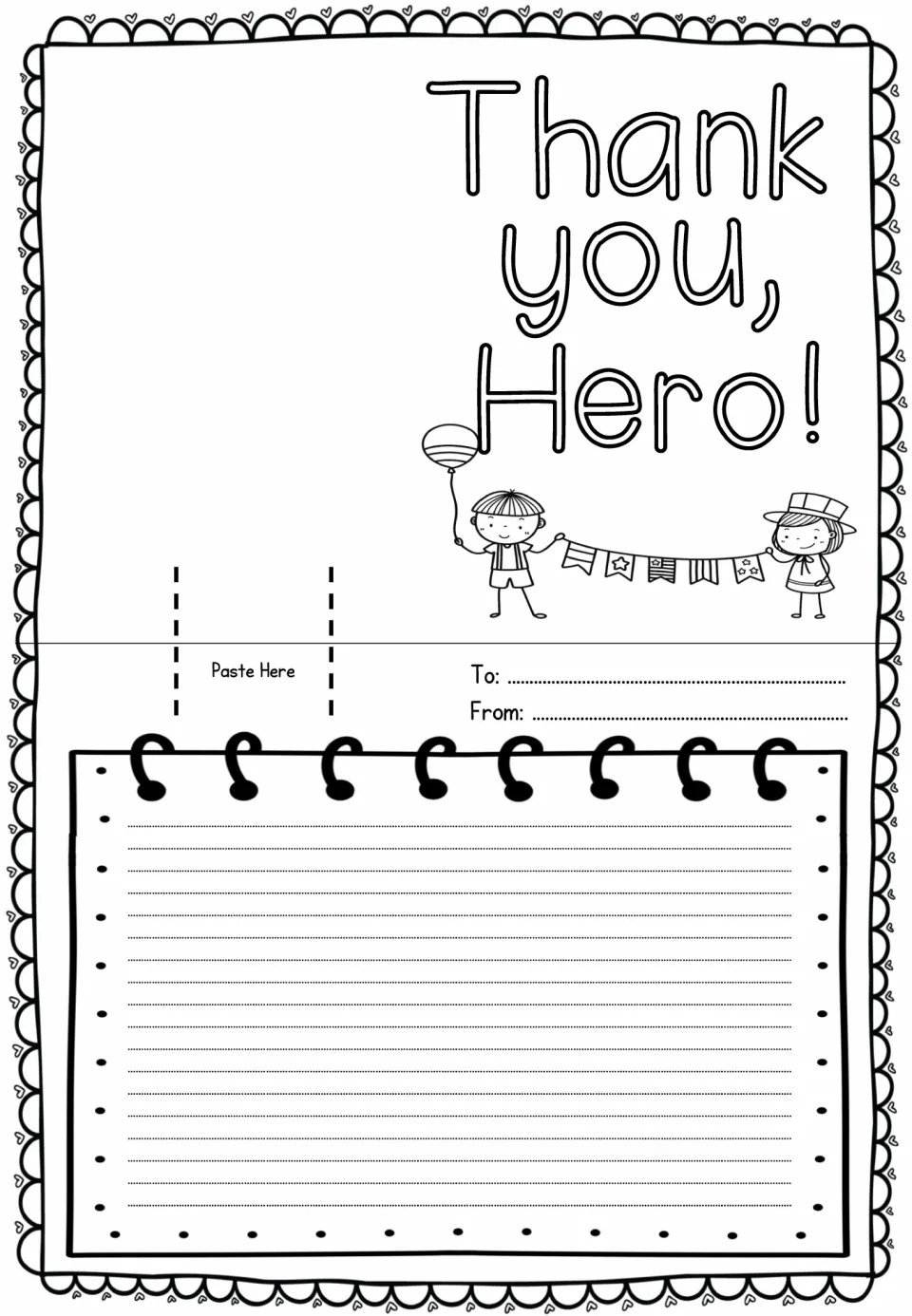 Hearts version of the banner-and-balloon card; students address it with To and From and write their veteran letter below