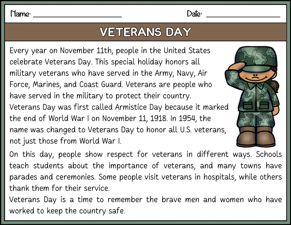 Color reading passage about November 11, Armistice Day, the 1954 name change, and ways people honor veterans