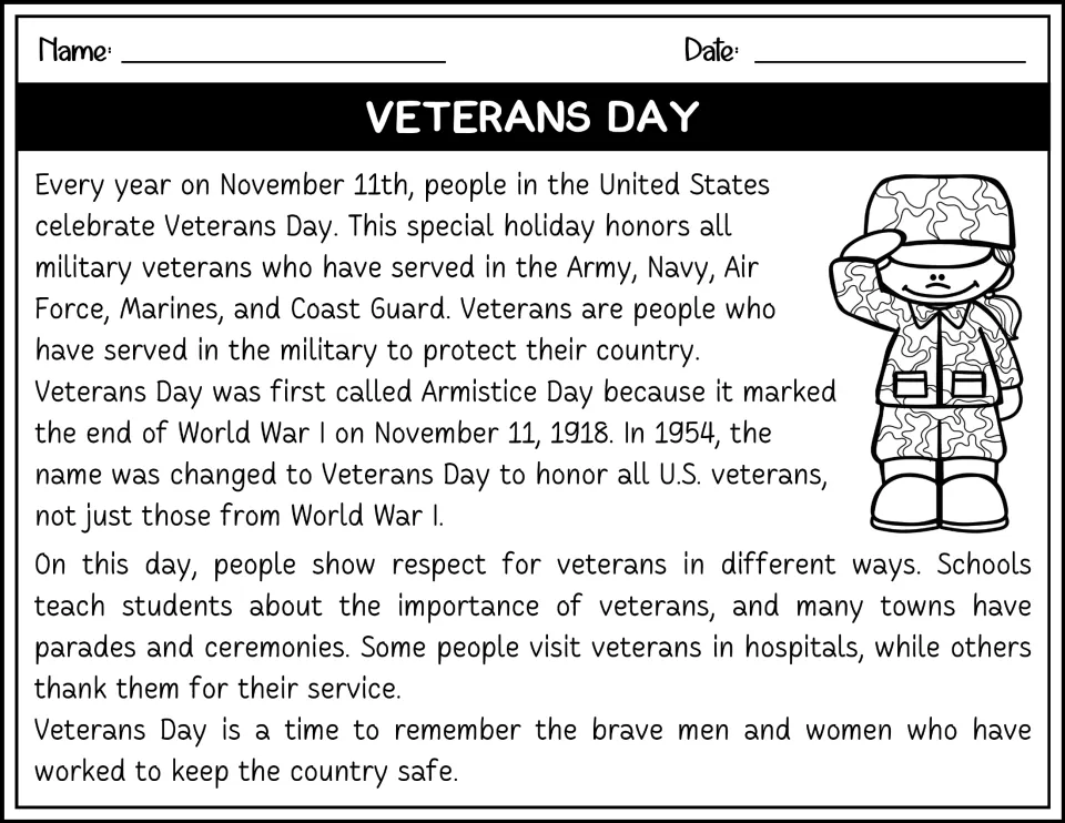 Black-and-white reading passage explaining whom Veterans Day honors, its history, and how people observe it