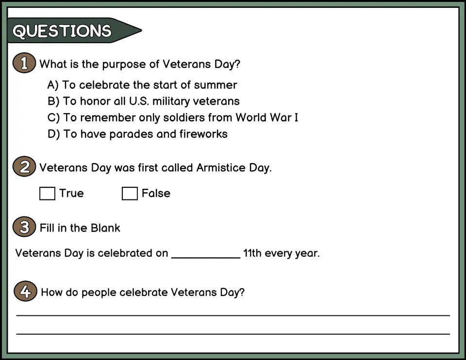 Color comprehension questions 1–4 ask about the holiday's purpose, original name, date, and celebrations