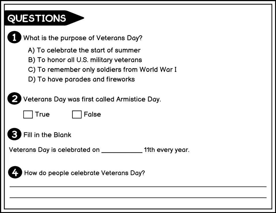 Black-and-white questions 1–4 cover honoring veterans, the name Armistice Day, November 11, and celebrations