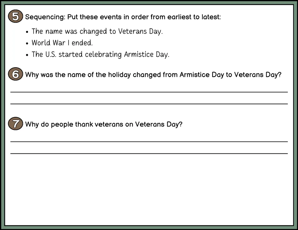 Color questions 5–7 ask students to sequence holiday history and explain its name change and thanks to veterans