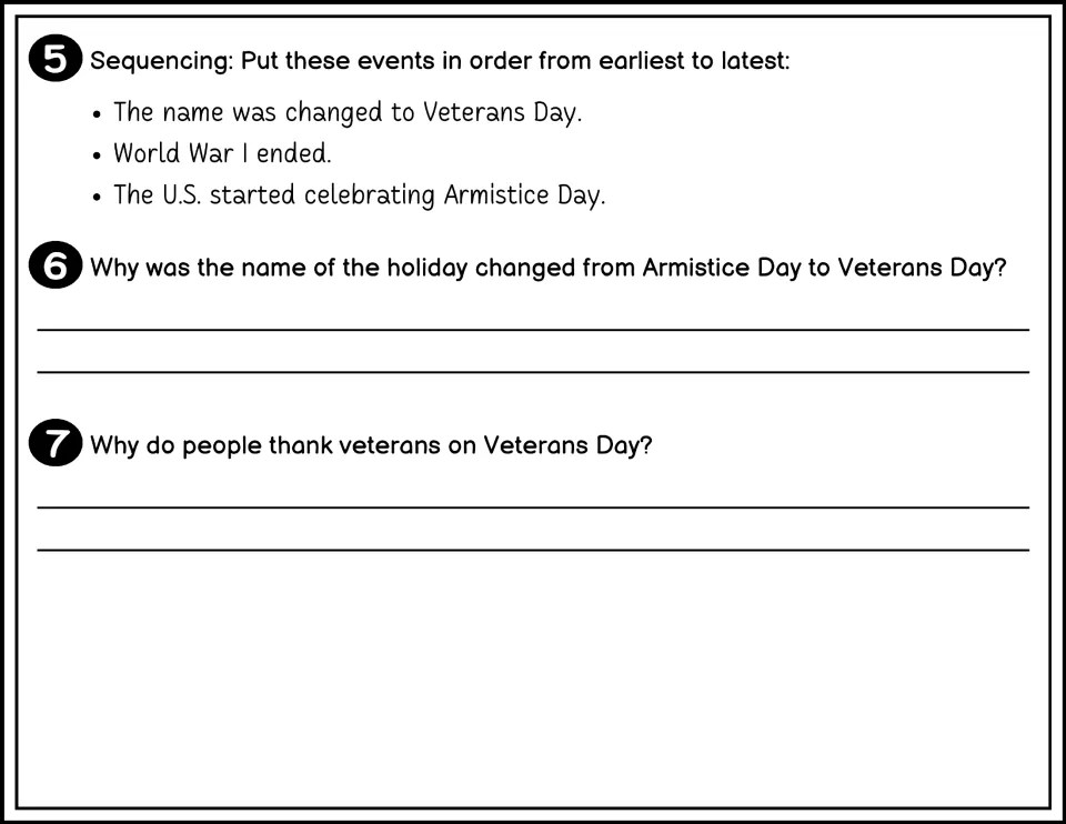 Black-and-white questions 5–7 cover event sequencing, the holiday's name change, and reasons to thank veterans
