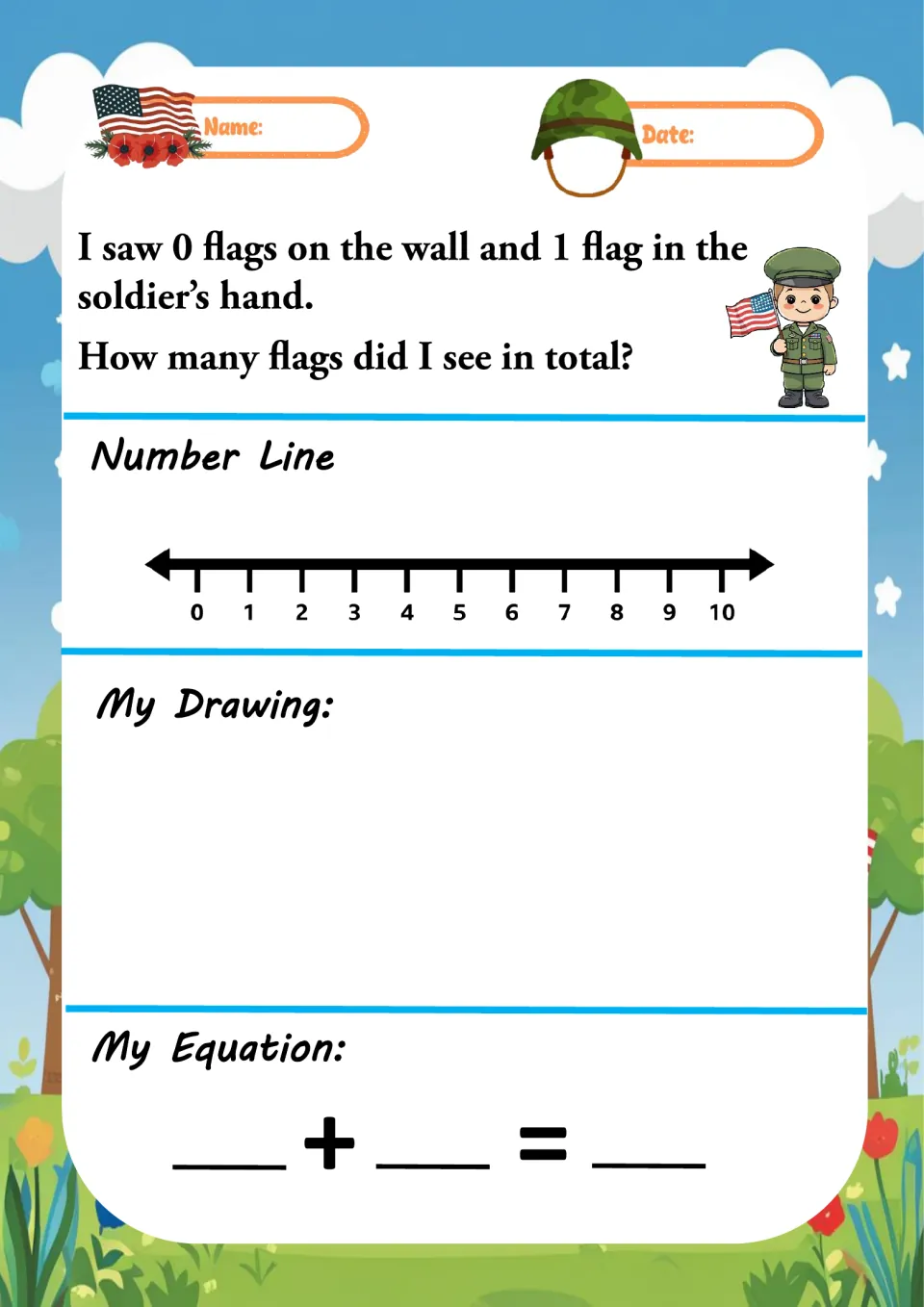 Addition word problem 1 asks how many flags there are altogether: 0 on the wall and 1 in a soldier’s hand.