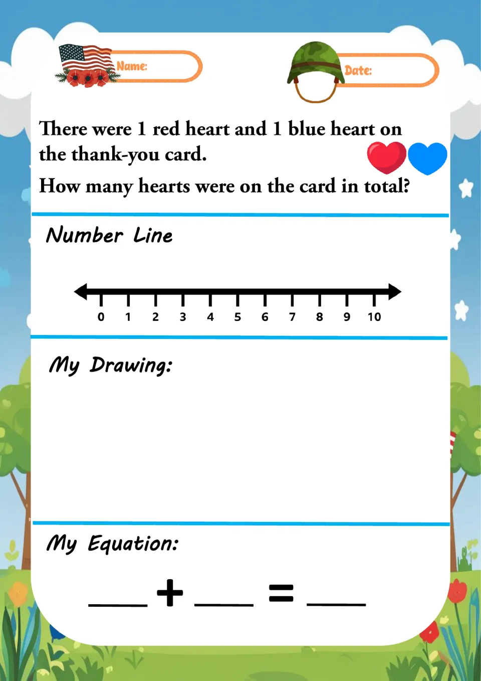 Addition word problem 2 asks for the total hearts on a thank-you card, combining 1 red and 1 blue heart.