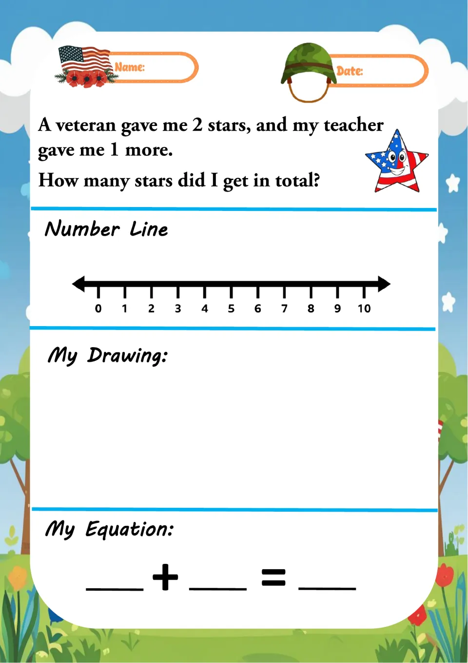 Addition word problem 3 asks how many stars a child gets in total: 2 from a veteran and 1 from a teacher.