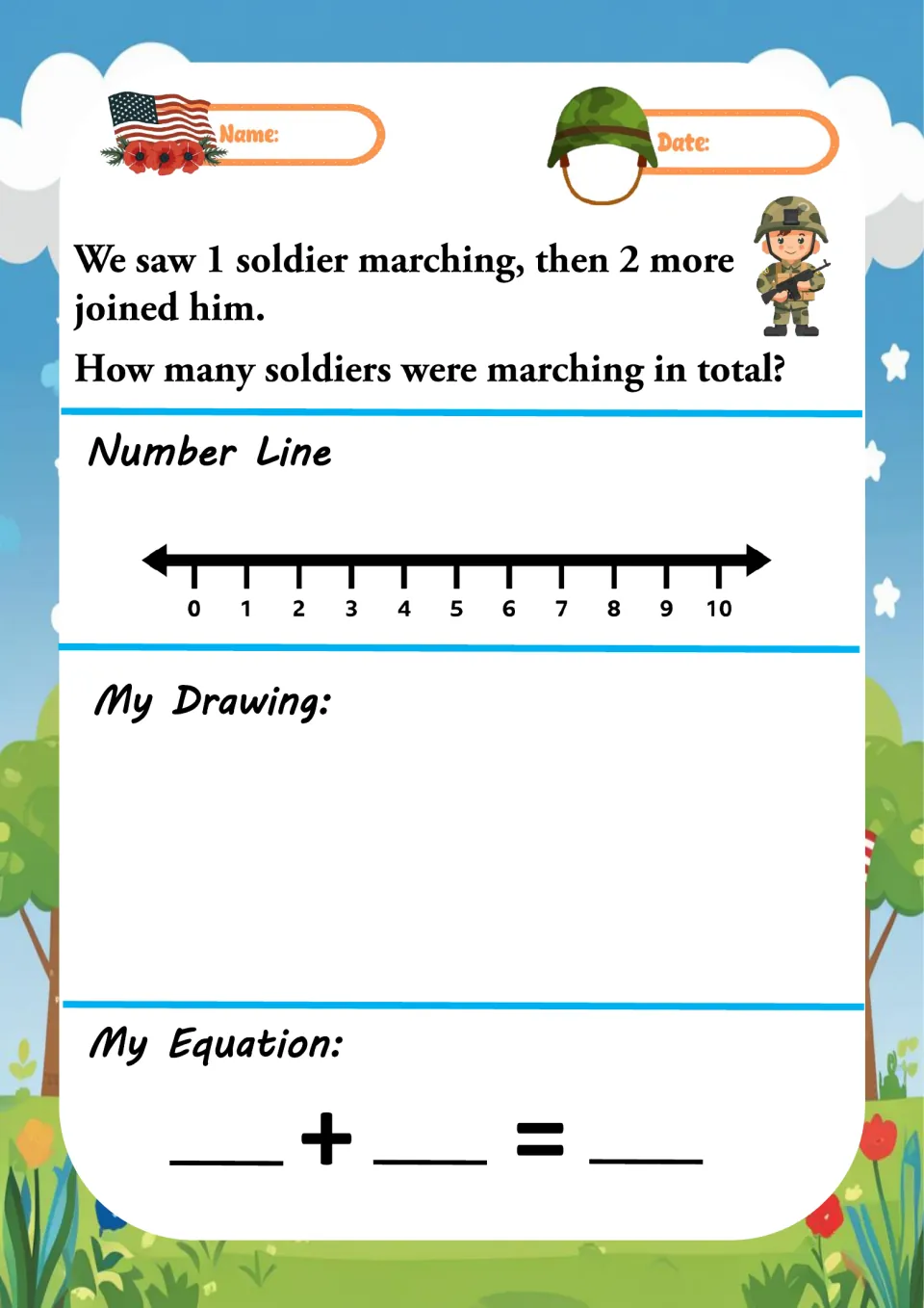 Addition word problem 4 asks how many soldiers are marching in total after 2 more join 1 marching soldier.