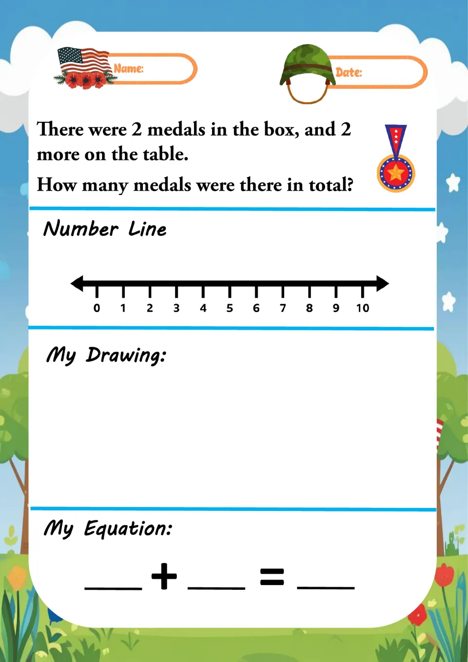 Addition word problem 5 asks for the total number of medals, combining 2 in a box and 2 more on a table.