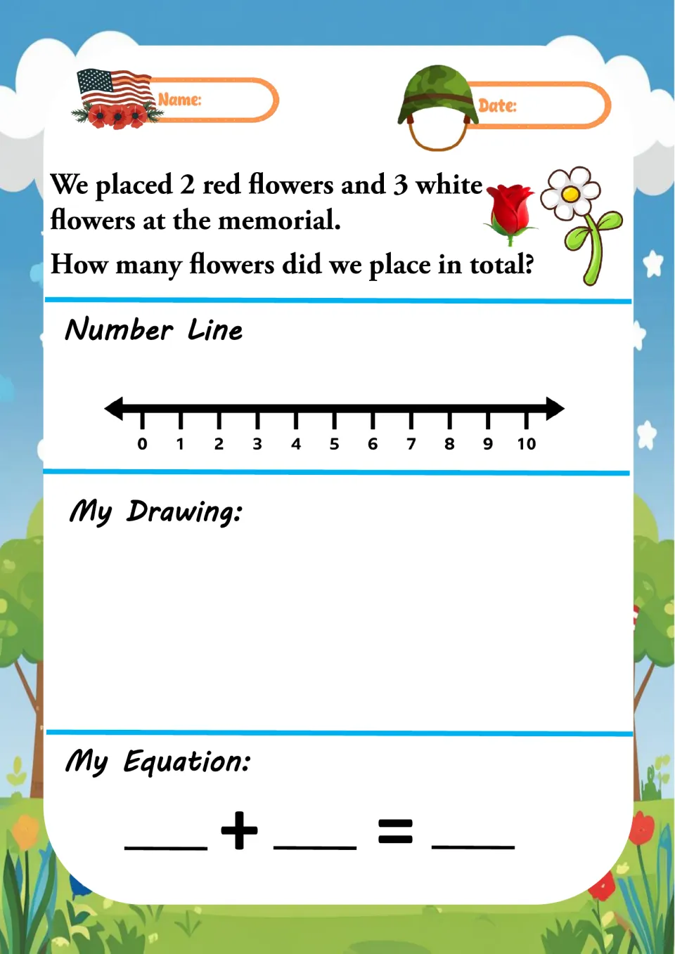 Addition word problem 6 asks how many flowers were placed at a memorial, combining 2 red and 3 white flowers.