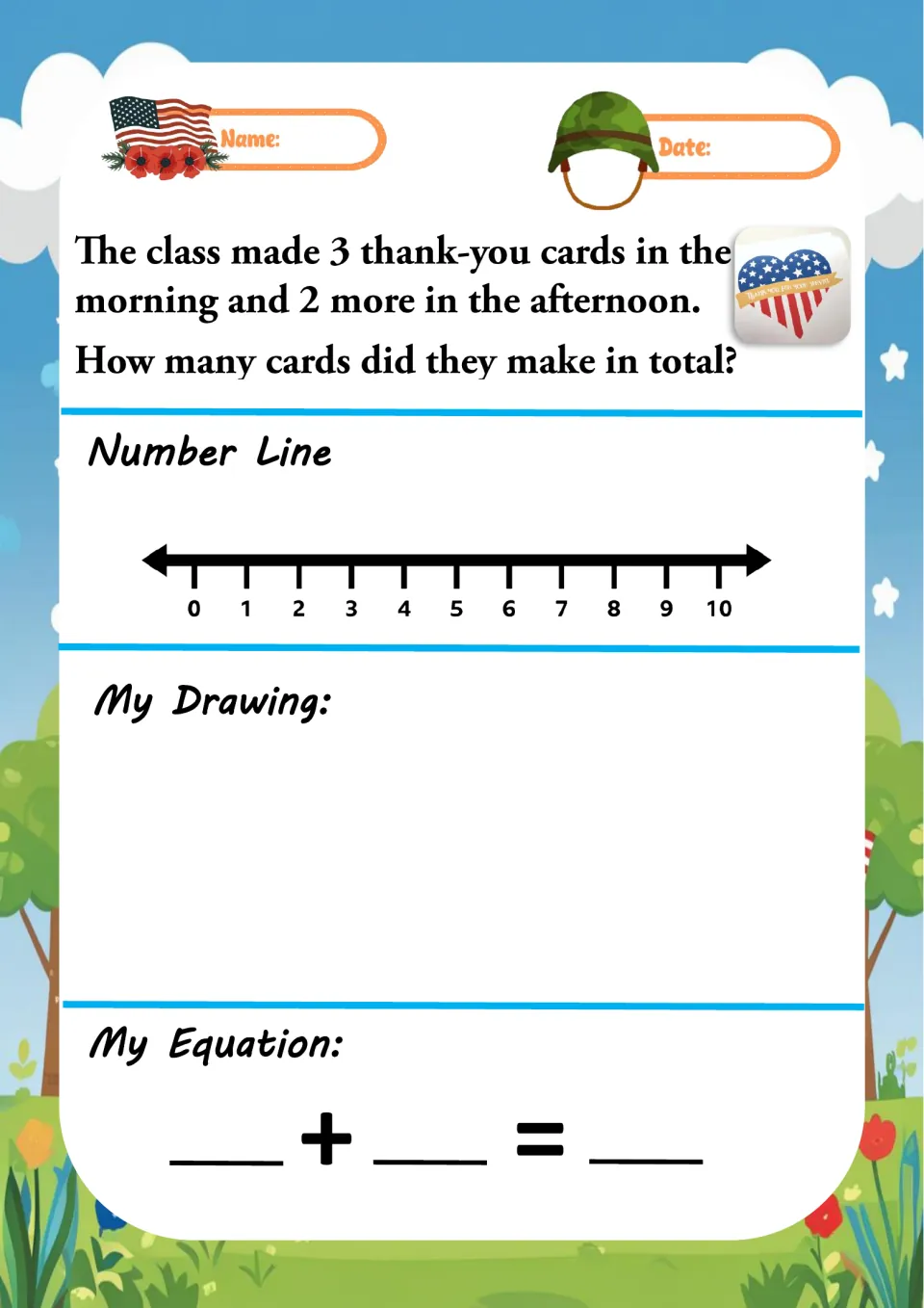 Addition word problem 7 asks for the total thank-you cards a class made: 3 in the morning and 2 later.