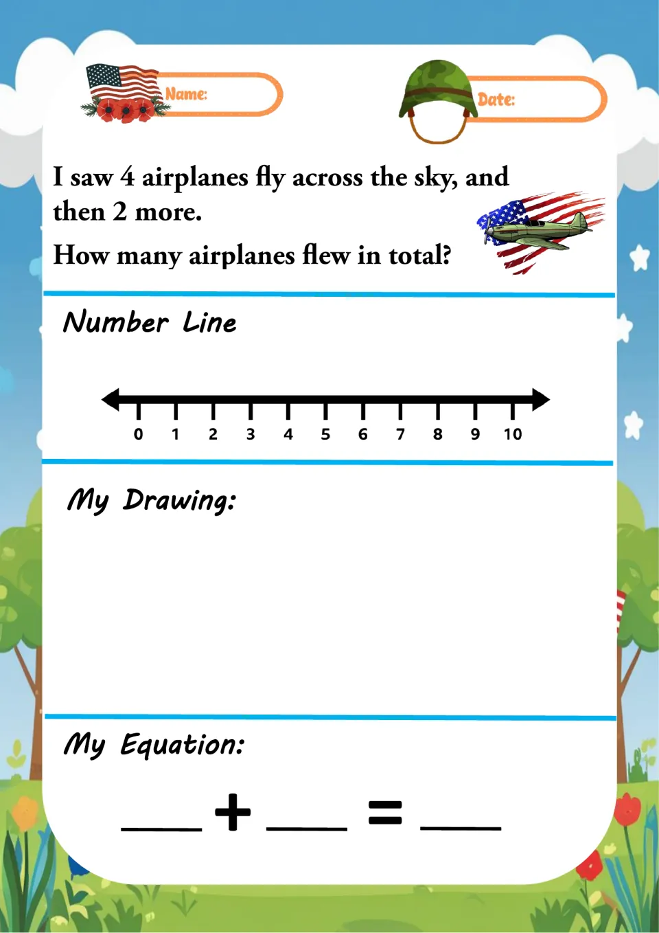Addition word problem 8 asks how many airplanes flew in total after 4 flew across the sky, then 2 more.
