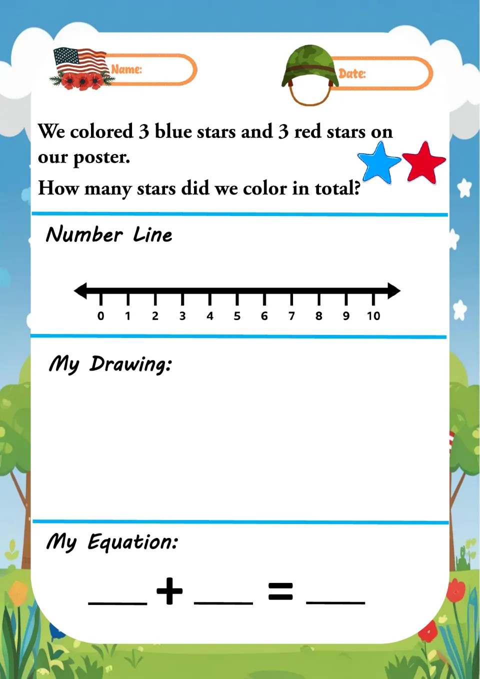Addition word problem 9 asks for the total stars colored on a poster, combining 3 blue and 3 red stars.