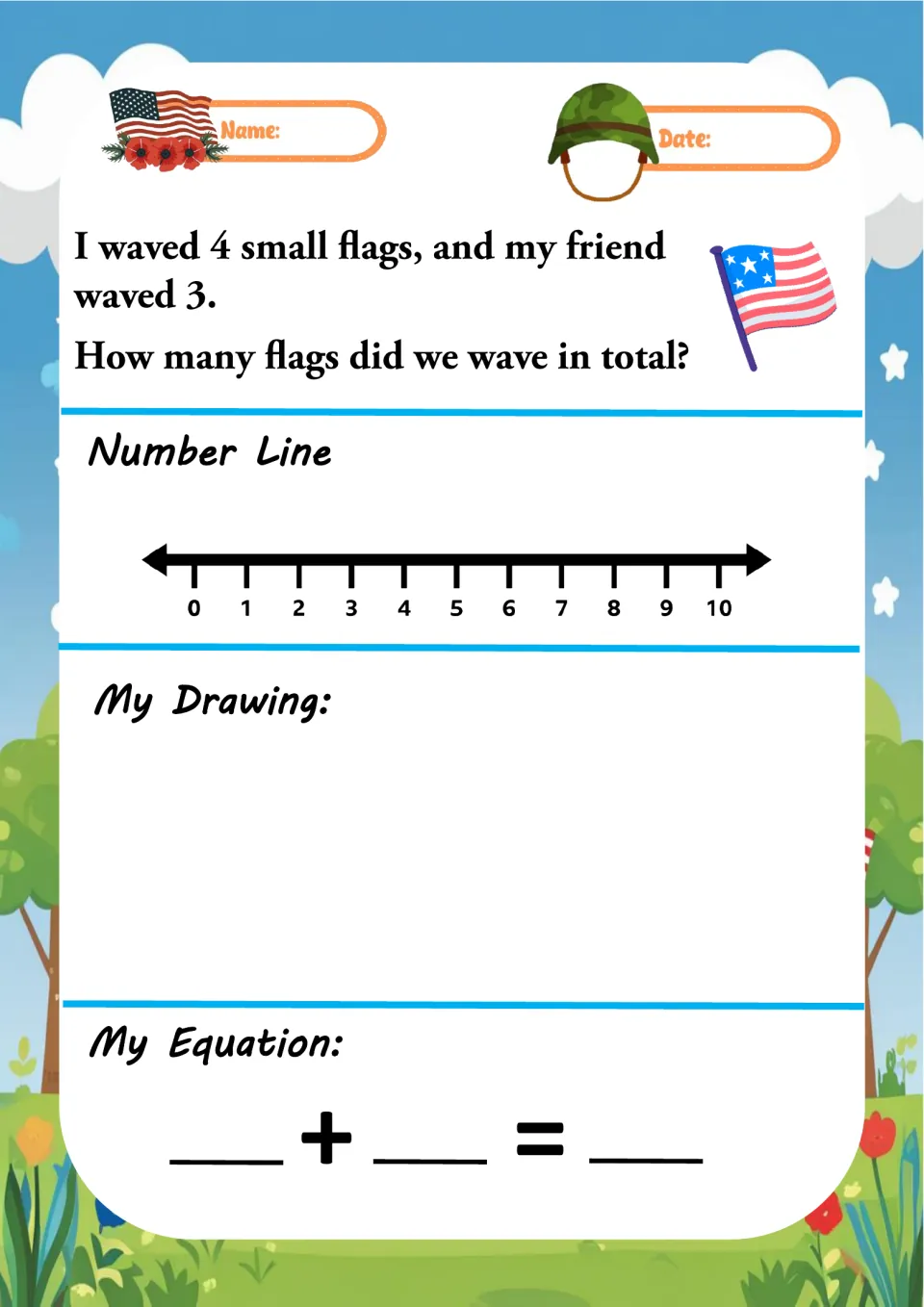 Addition word problem 10 asks how many flags two friends waved in total: 4 small flags plus 3 more flags.
