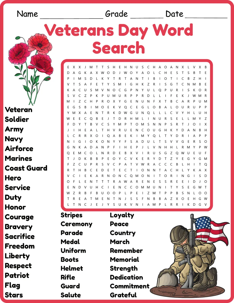 Veterans Day word search in color: students find 40 hidden words such as soldier, honor, medal and salute, with poppy art