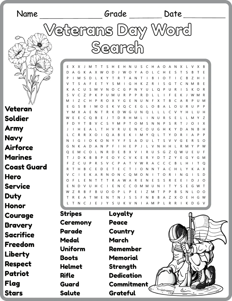 Black-and-white Veterans Day word search: students hunt the same 40 words, from veteran to grateful, beside poppy art