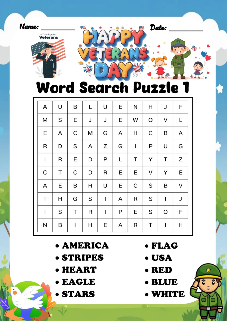 Veterans Day word search puzzle 1: find America, stripes, heart, eagle, stars and five more words.