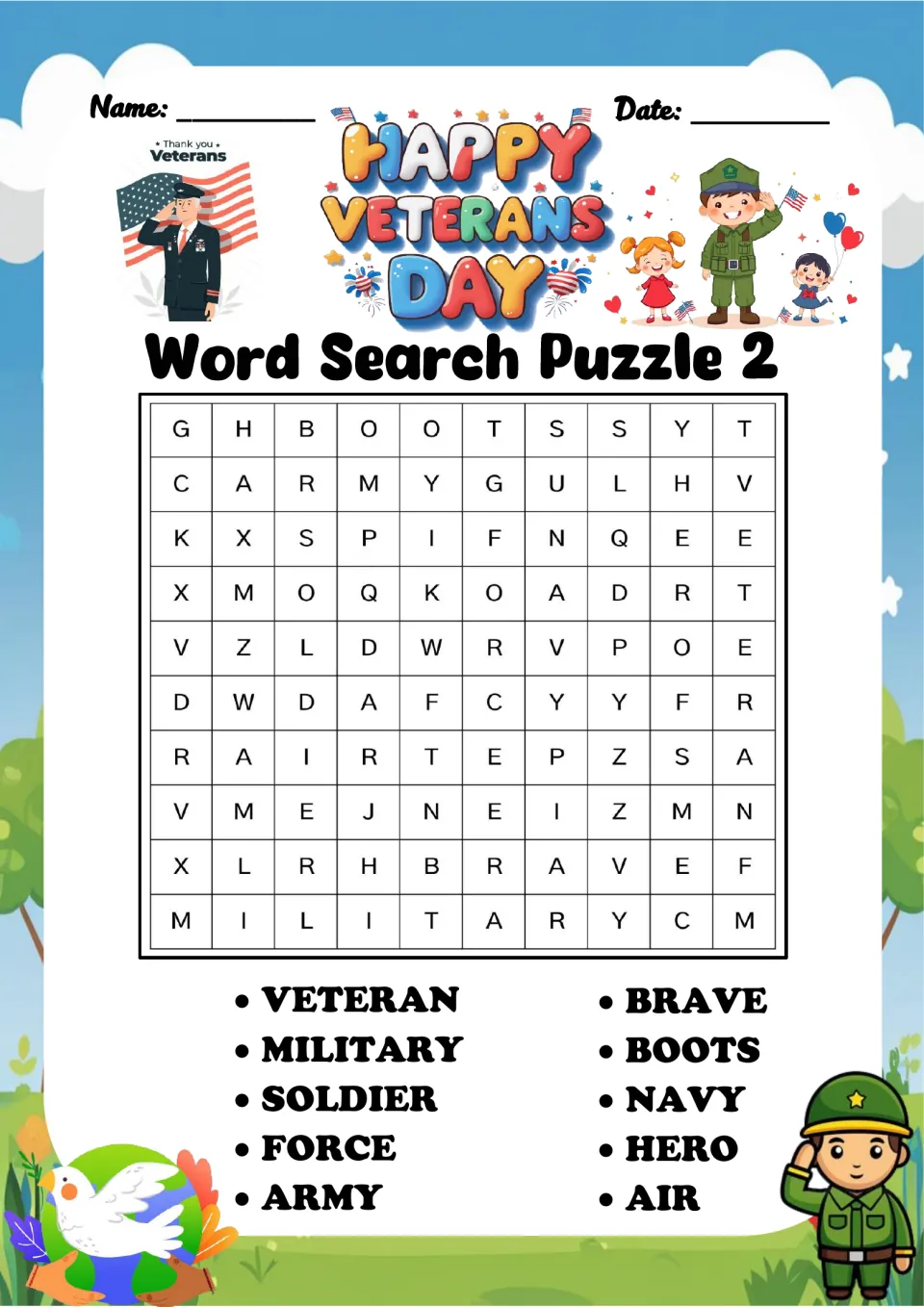 Veterans Day word search puzzle 2: find veteran, military, soldier, force, army and five more words.