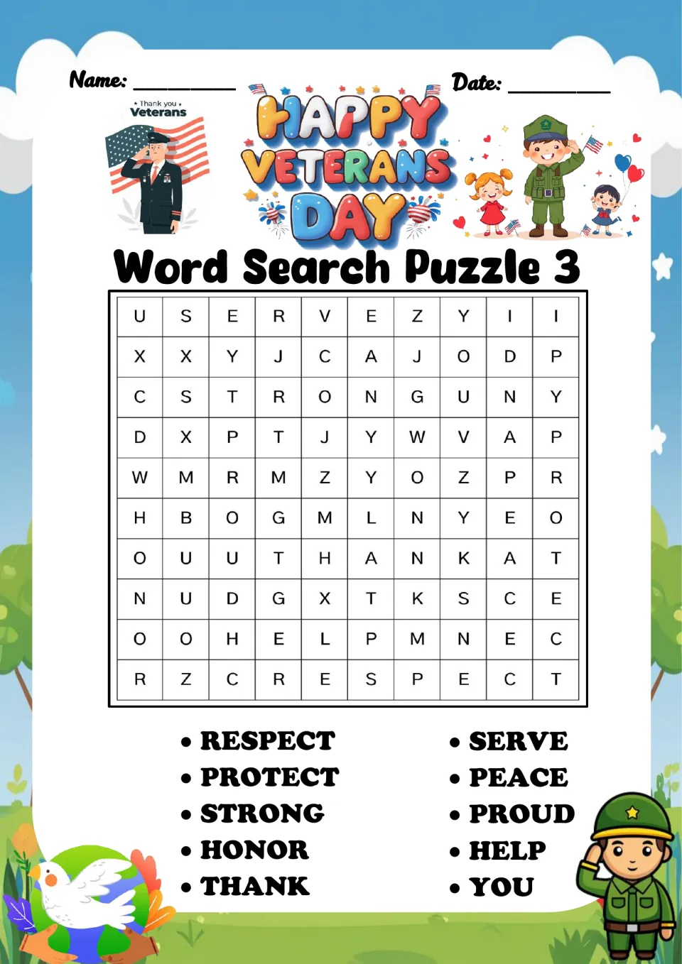 Veterans Day word search puzzle 3: find respect, protect, strong, honor, thank and five more words.