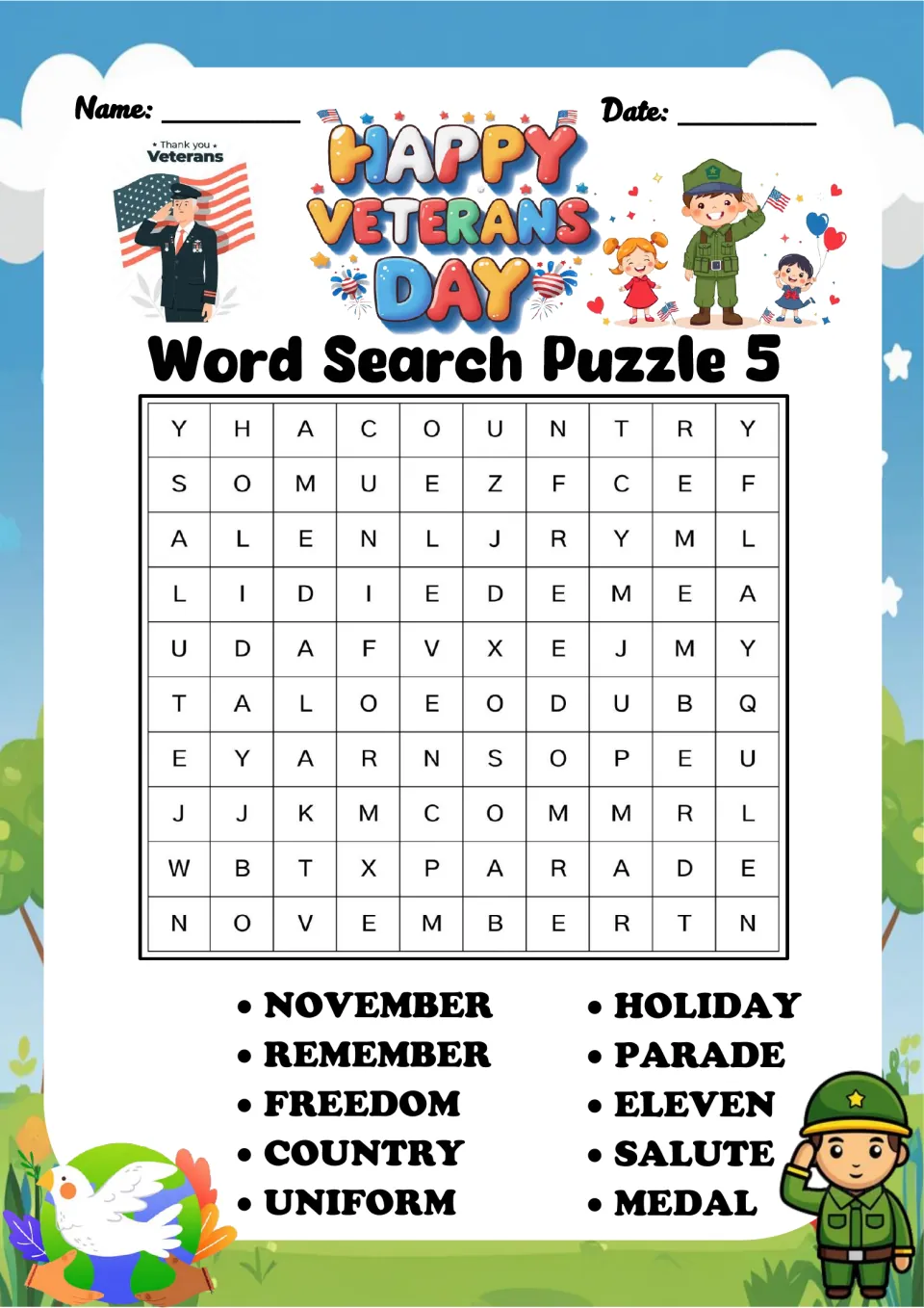 Veterans Day word search puzzle 5: find November, remember, freedom, country and six more words.