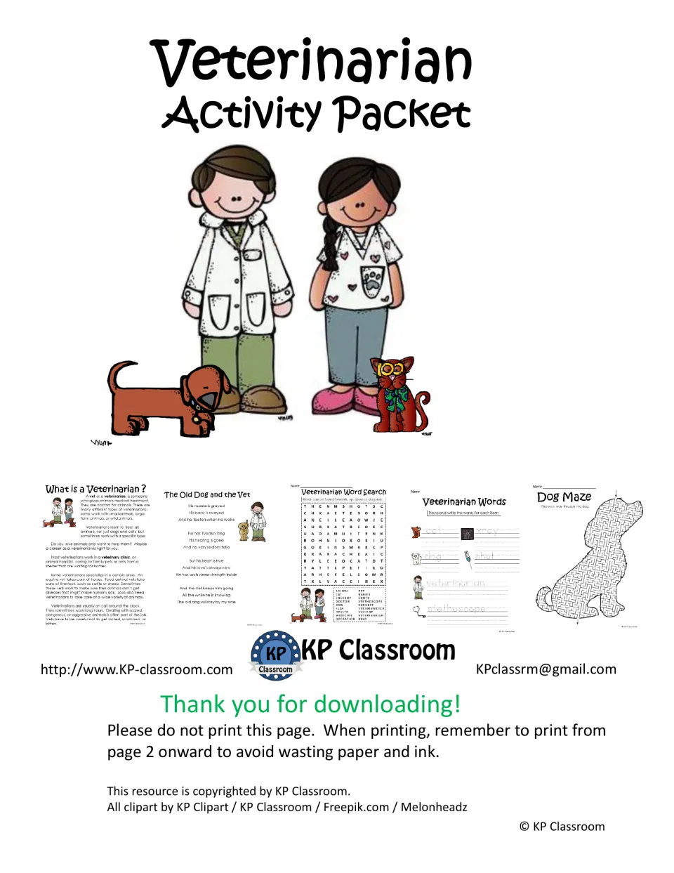 Cover: Veterinarian Activity Packet with two vets, a dog and cat, plus previews of a reading, poem, word search and dog maze