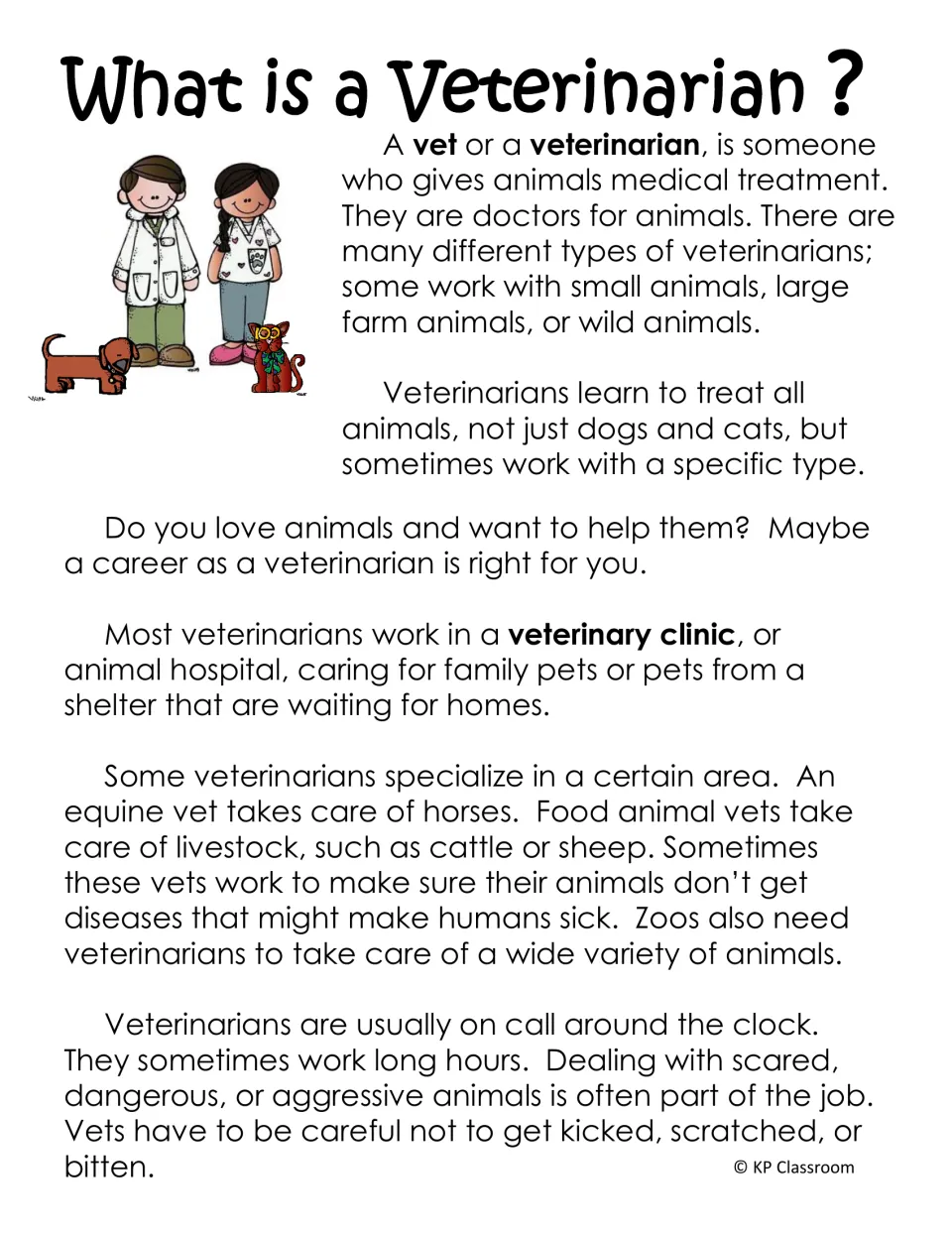 What is a Veterinarian? reading passage on what vets do, where they work, equine and zoo vets, and risks of the job