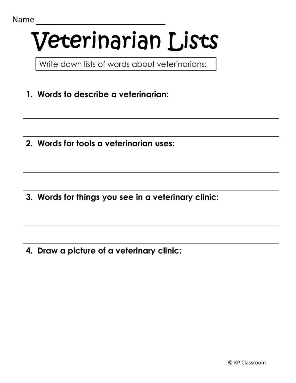 Veterinarian Lists: students list words describing a vet, vet tools and clinic items, then draw a veterinary clinic