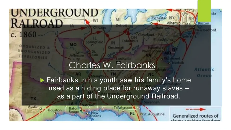 Childhood slide explaining that Fairbanks's family home hid people escaping slavery on the Underground Railroad