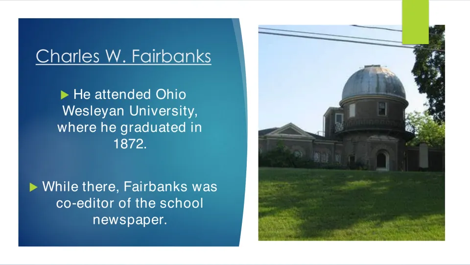 Education slide covering Fairbanks's 1872 Ohio Wesleyan graduation and work as school newspaper co-editor