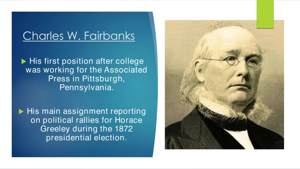 Early career slide on Fairbanks's Associated Press job and reporting on Horace Greeley's 1872 campaign rallies